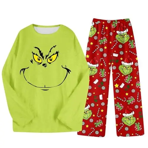 Produktbild: 𝑮𝒓𝒊𝒏𝒄𝒉 Christmas Pyjama Couple Weihnachtsschlafanzüge Couple Christmas Pyjamas Weihnachtspyjama Set Pyjama Couple Matching Weihnachts Pyjama Nachthemd Damen Weihnachten Schlafanzug Rot M